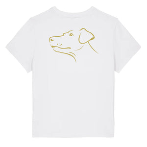 Gold outline illustration of the head of a Dobermann on the back of a white ladies t-shirt