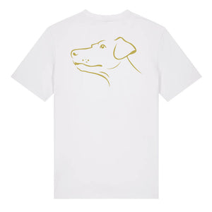 Gold outline illustration of the head of a Dobermann on the back of a bright blue unisex t-shirt
