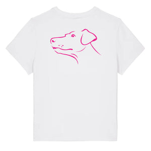 Magenta outline illustration of the head of a Dobermann on the back of a white ladies t-shirt