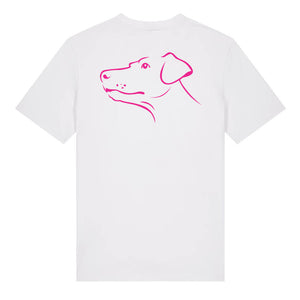 Magenta outline illustration of the head of a Dobermann on the back of a bright blue unisex t-shirt
