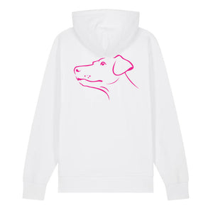 Magenta outline illustration of the head of a Dobermann on the back of a white unisex Hoodie