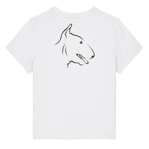 Black outline illustration of the head of a English Bull Terrier on the back of a white ladies t-shirt