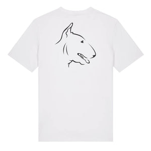 Black outline illustration of the head of an English Bull Terrier on the back of a white unisex t-shirt