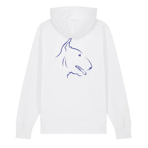 Blue outline illustration of the head of an English Bull Terrier on the back of a white unisex Hoodie