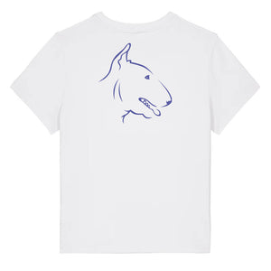 Blue outline illustration of the head of a English Bull Terrier on the back of a white ladies t-shirt