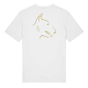 Gold outline illustration of the head of an English Bull Terrier on the back of a white unisex t-shirt