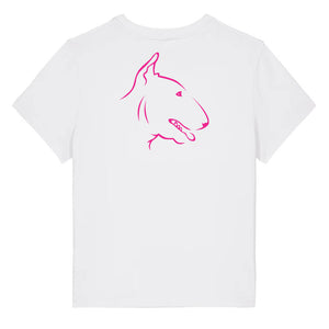 Magenta outline illustration of the head of a English Bull Terrier on the back of a white ladies t-shirt