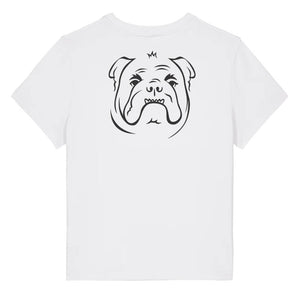 Black outline illustration of the head of a English Bulldog on the back of a  white ladies t-shirt