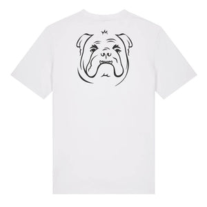 Black outline illustration of the head of a English Bulldog on the back of a white unisex t-shirt