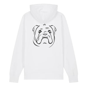 Black outline illustration of the head of an English Bulldog on the back of a white unisex Hoodie