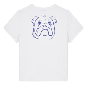 Blue outline illustration of the head of a English Bulldog on the back of a  white ladies t-shirt