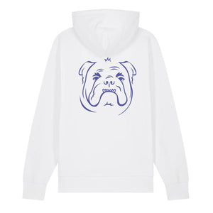 Blue outline illustration of the head of an English Bulldog on the back of a white unisex Hoodie
