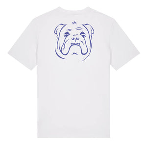 Blue outline illustration of the head of a English Bulldog on the back of a white unisex t-shirt