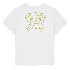 Gold outline illustration of the head of a English Bulldog on the back of a  white ladies t-shirt