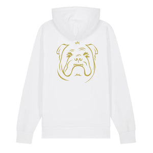 Gold outline illustration of the head of an English Bulldog on the back of a white unisex Hoodie