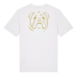 Gold outline illustration of the head of a English Bulldog on the back of a white unisex t-shirt