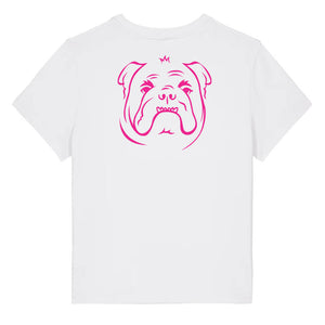 Magenta outline illustration of the head of a English Bulldog on the back of a  white ladies t-shirt