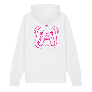 Magenta outline illustration of the head of an English Bulldog on the back of a white unisex Hoodie