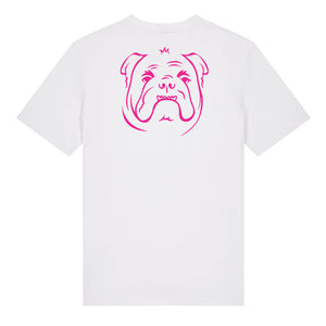Magenta outline illustration of the head of a English Bulldog on the back of a white unisex t-shirt
