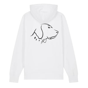 Black outline illustration of the head of an English Pointer on the back of a white unisex Hoodie