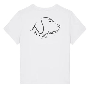 Black outline illustration of the head of an English Pointer on the back of a white ladies t-shirt