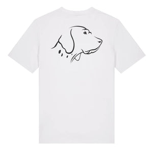 Black outline illustration of the head of an English Pointer on the back of a white unisex t-shirt