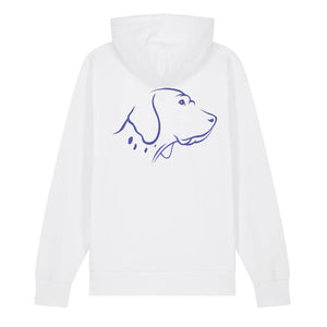 Blue outline illustration of the head of an English Pointer on the back of a white unisex Hoodie
