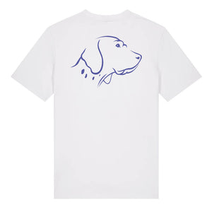Blue outline illustration of the head of an English Pointer on the back of a white unisex t-shirt