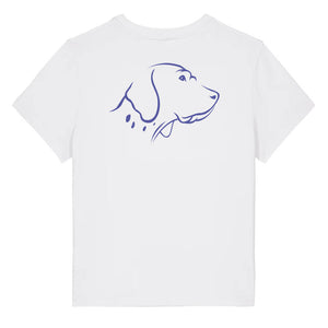 Blue outline illustration of the head of an English Pointer on the back of a white ladies t-shirt