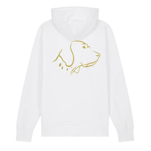 Gold outline illustration of the head of an English Pointer on the back of a white unisex Hoodie