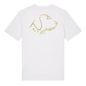 Gold outline illustration of the head of an English Pointer on the back of a white unisex t-shirt