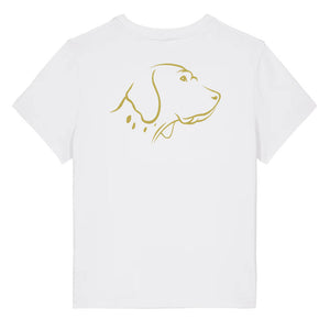 Gold outline illustration of the head of an English Pointer on the back of a white ladies t-shirt