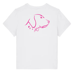 Magenta outline illustration of the head of an English Pointer on the back of a white ladies t-shirt