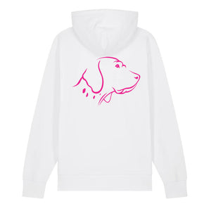 Magenta outline illustration of the head of an English Pointer on the back of a white unisex Hoodie