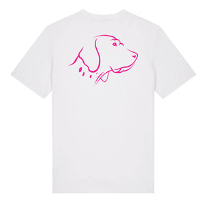 Magenta outline illustration of the head of an English Pointer on the back of a white unisex t-shirt