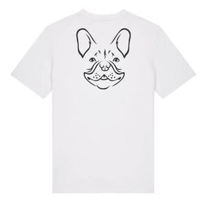 Black outline illustration of the head of a French Bulldog on the back of a white unisex t-shirt