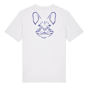 Blue outline illustration of the head of a French Bulldog on the blue of a white unisex t-shirt