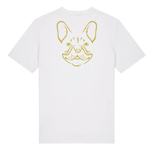 Gold outline illustration of the head of a French Bulldog on the back of a white unisex t-shirt