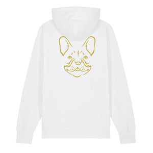 Gold outline illustration of the head of a French Bulldog on the back of a white unisex Hoodie