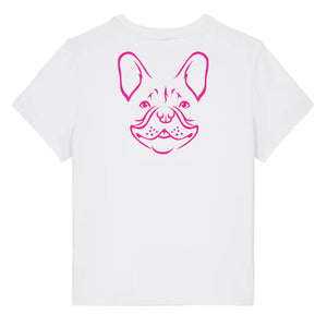 Magenta outline illustration of the head of a French Bulldog on the back of a white ladies t-shirt