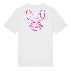 Magenta outline illustration of the head of a French Bulldog on the back of a white unisex t-shirt