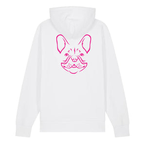 Magenta outline illustration of the head of a French Bulldog on the back of a white unisex Hoodie