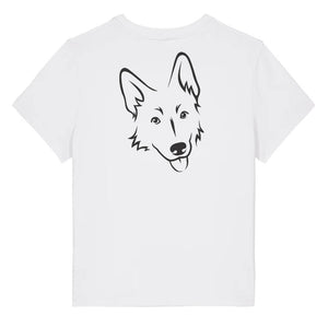 Black outline illustration of the head of a German Shepherd on the back of a white ladies t-shirt