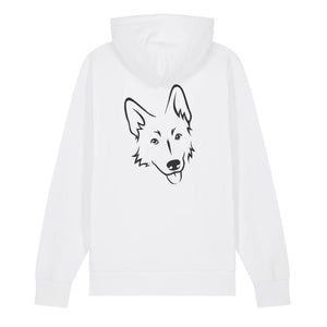 Black outline illustration of the head of a German Shepherd on the back of a white unisex Hoodie