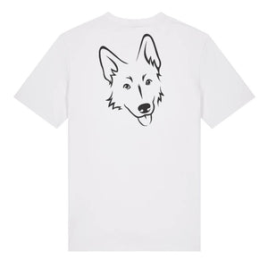 Black outline illustration of the head of a German Shepherd on the back of a white unisex t-shirt