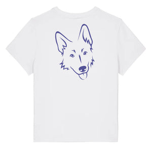 Blue outline illustration of the head of a German Shepherd on the back of a white ladies t-shirt