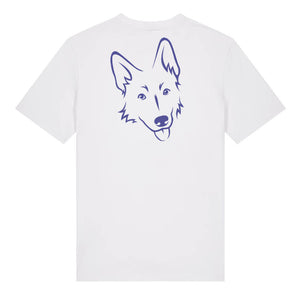 Blue outline illustration of the head of a German Shepherd on the back of a white unisex t-shirt