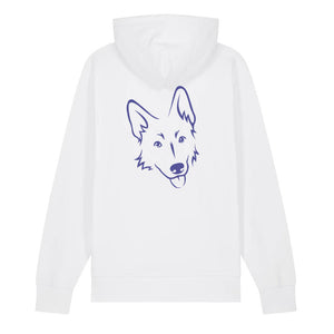 Blue outline illustration of the head of a German Shepherd on the back of a white unisex Hoodie