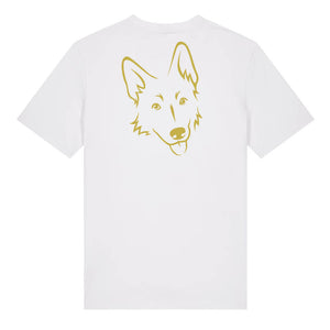 Gold outline illustration of the head of a German Shepherd on the back of a white unisex t-shirt