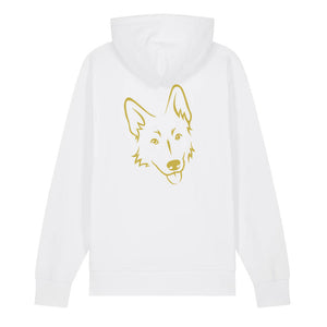 Gold outline illustration of the head of a German Shepherd on the back of a white unisex Hoodie